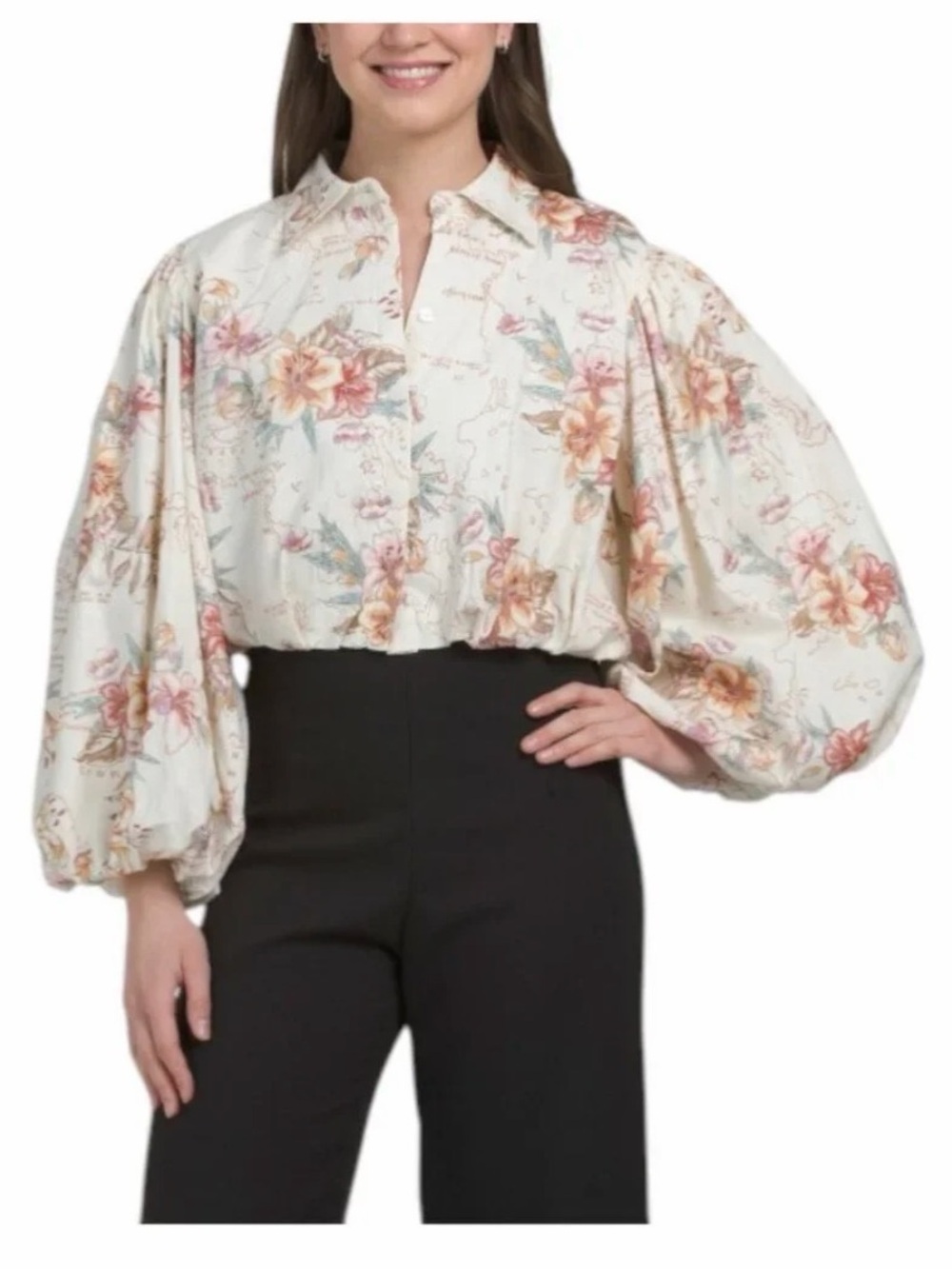 Calypso St. Barth Ivory Floral Puff-Sleeve Cropped Blouse